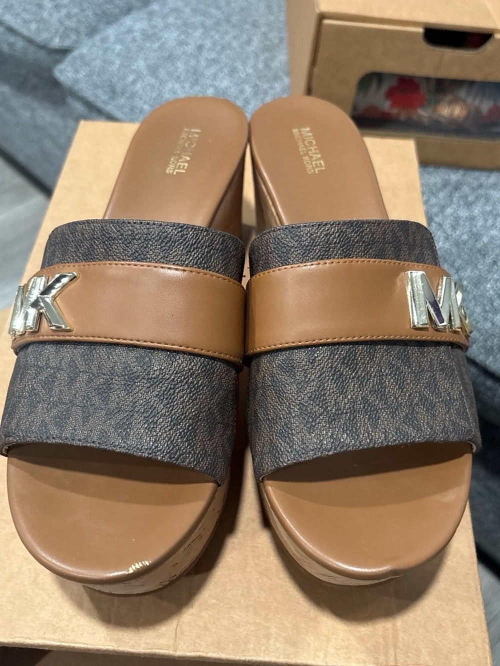 Michael Kors Brown and Dark Brown Logo Slide Sandals - Picture 2 of 6